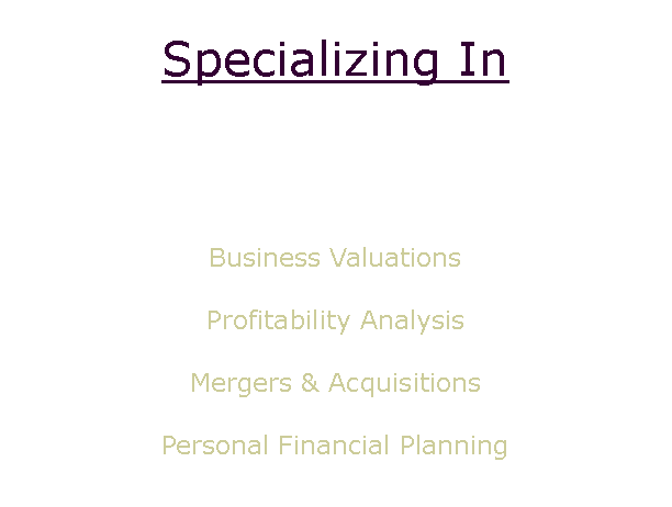 Text Box: Specializing InBusiness ValuationsProfitability AnalysisMergers & AcquisitionsPersonal Financial Planning